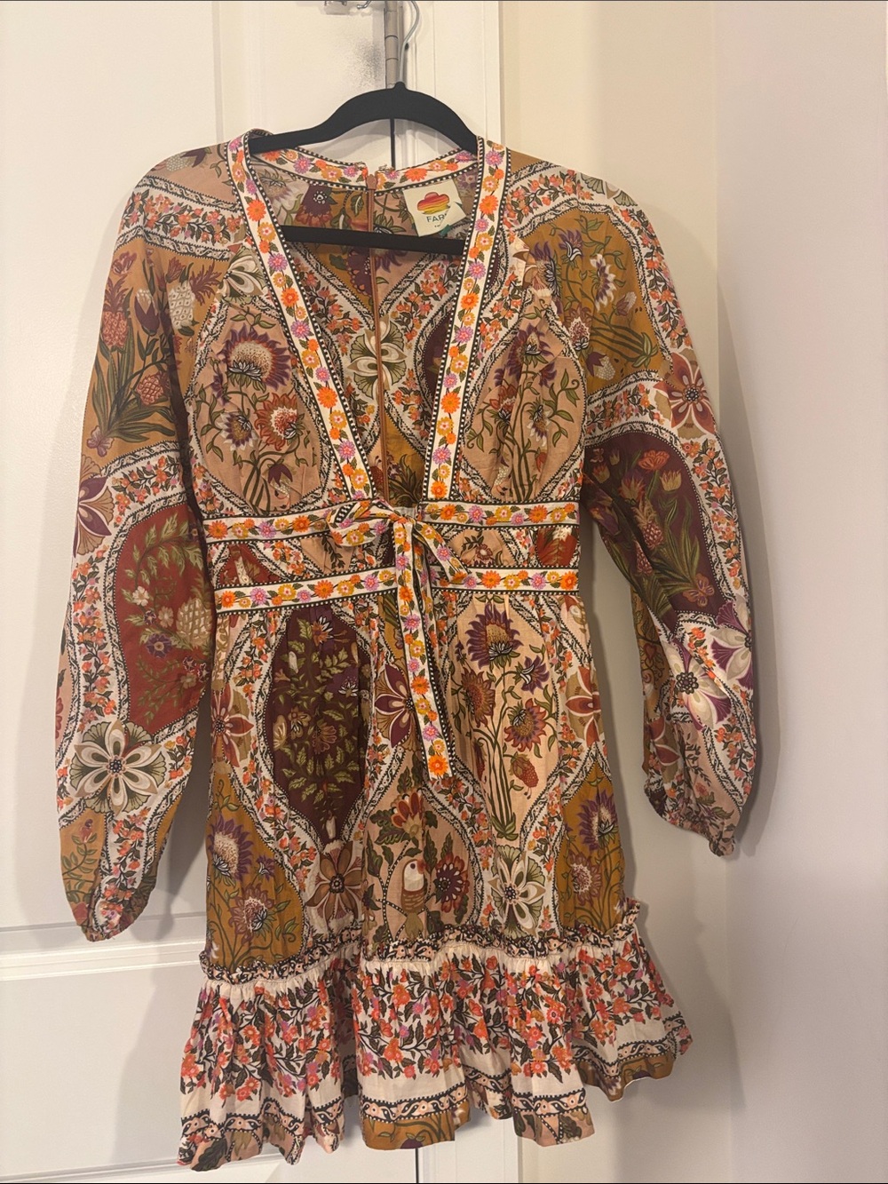 FARM Rio Mustard Floral Tie-Waist Mini Dress with Multicolor Print
